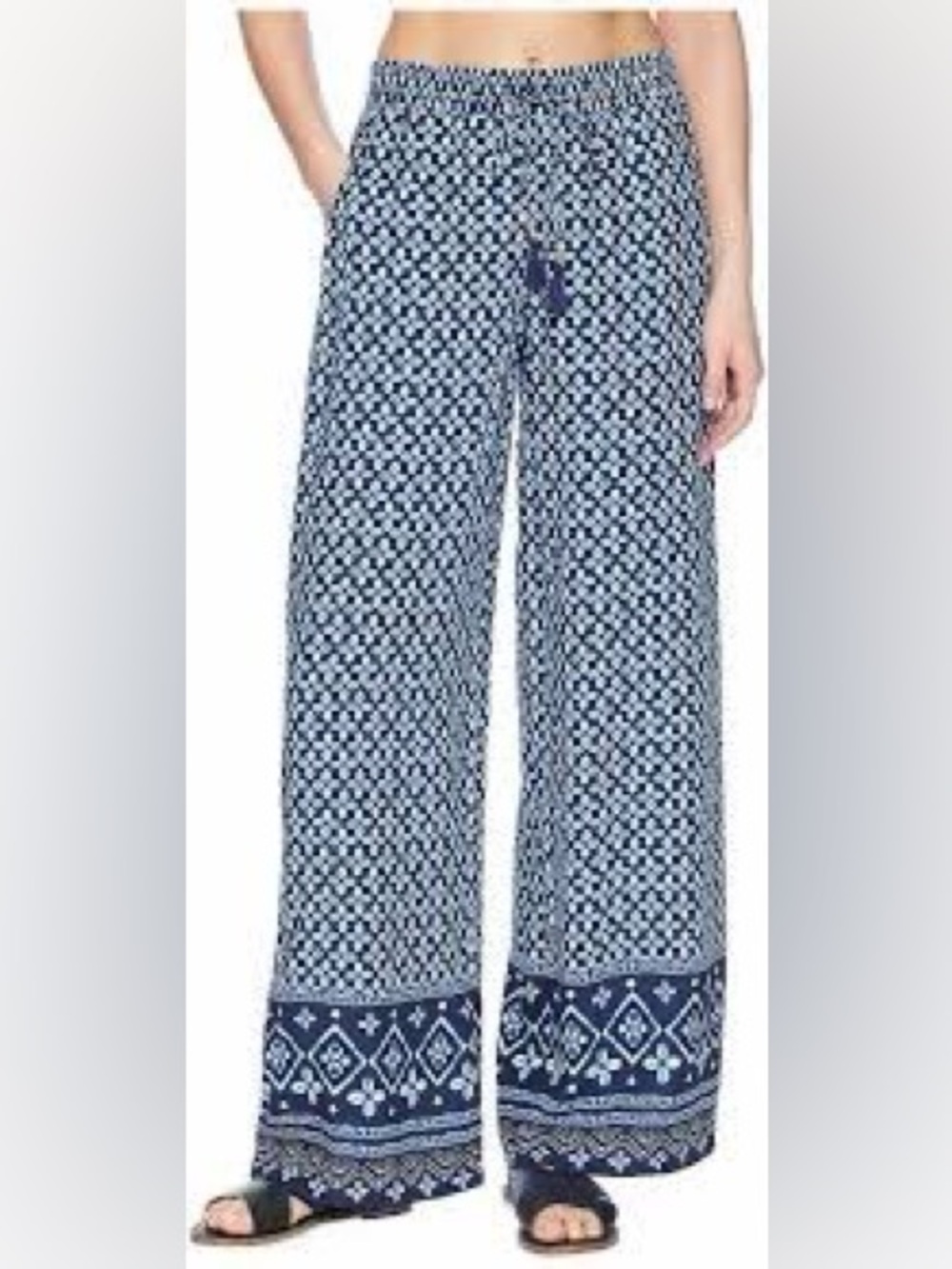 Tommy Bahama Indigo Cowrie Navy and White Geometric Wide-Leg Pants-L